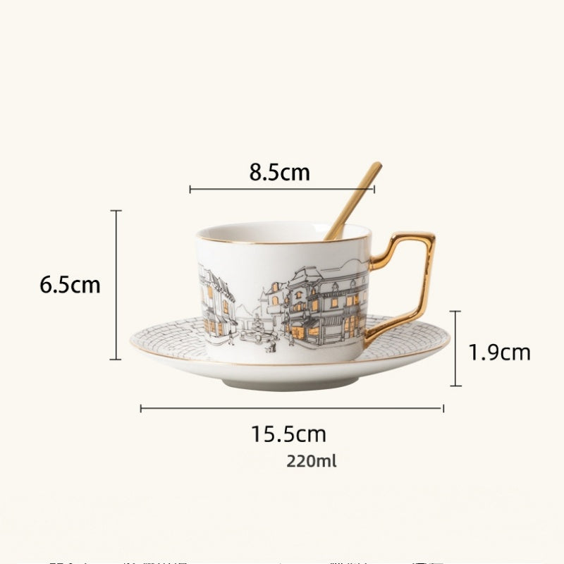 Retro Gold Border European Town Ceramic Coffee Cup And Saucer Set