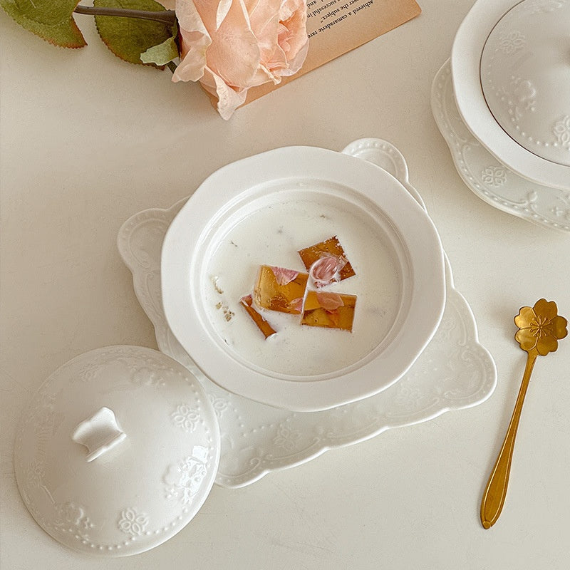 Relief Court Style Covered Bowl And Plate Set