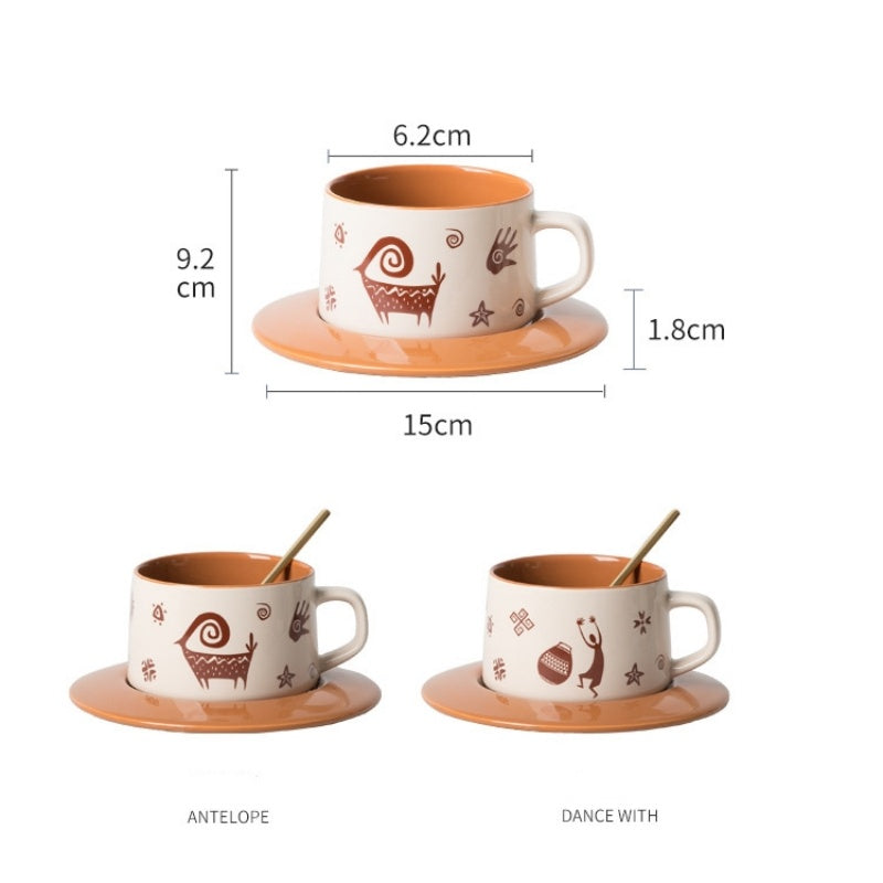 Retro Tribal And Ethnic Style Painted Ceramic Coffee Cup And Saucer Set
