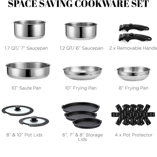304 Stainless Steel Smooth Surface Detachable Handle Non-Stick Cookware Set