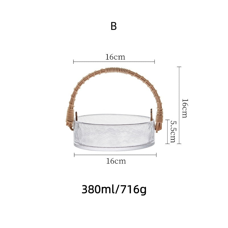 Creative Home Bamboo And Rattan Handle Glass Fruit And Pastry Plate