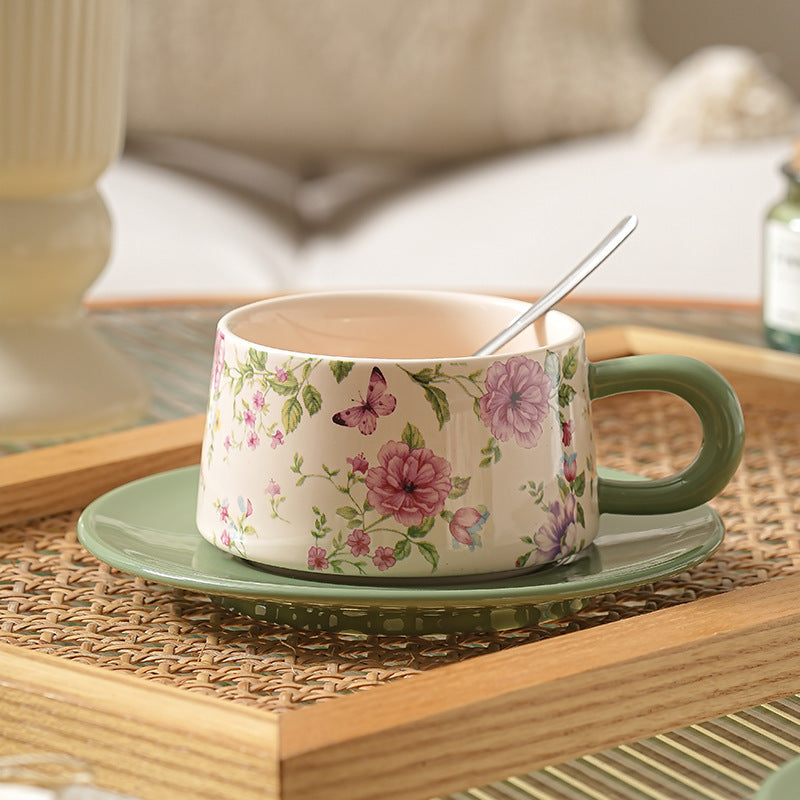 Pastoral style ceramic coffee cup and saucer set floral latte cup high appearance level afternoon tea cup