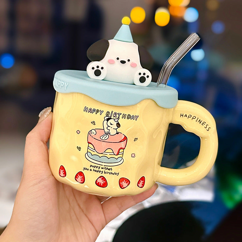 Cute cartoon rabbit hand pinch mug with lid high appearance level household straw ceramic cup with hand gift