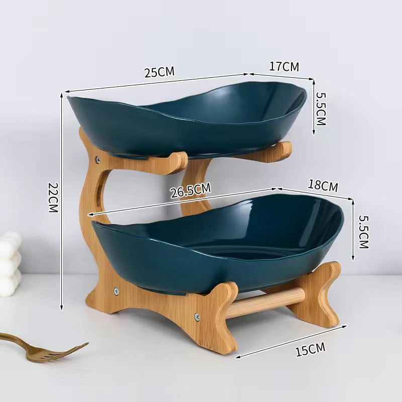 Creative multi-layer bamboo and wood frame ceramic fruit tray household snack candy tray