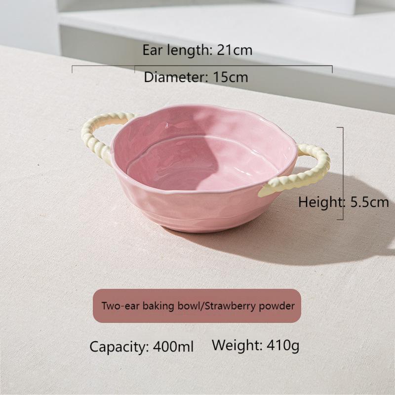 Household two-ear ceramic handle soup bowl baking bowl salad fruit bowl