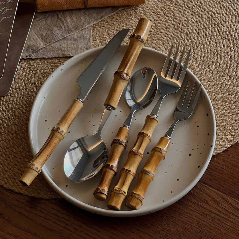 Natural Bamboo Stainless Steel Western Tableware Set