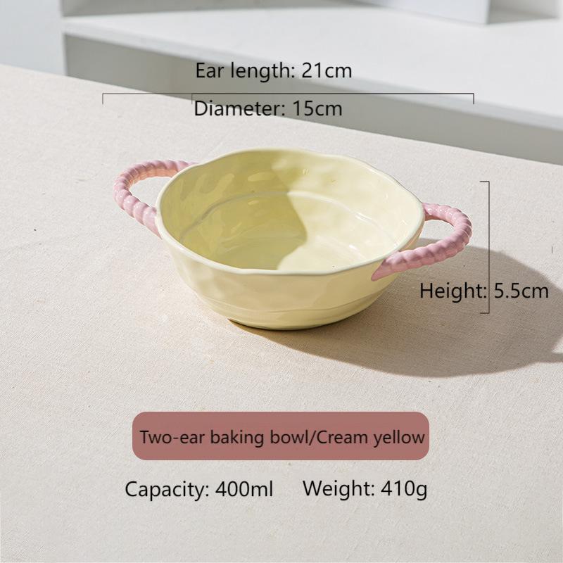 Household two-ear ceramic handle soup bowl baking bowl salad fruit bowl