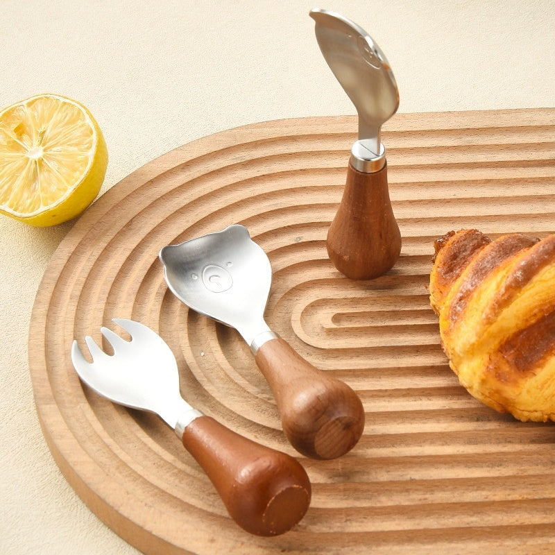 Cute Wooden Handle Stainless Steel Bear Tableware For Children