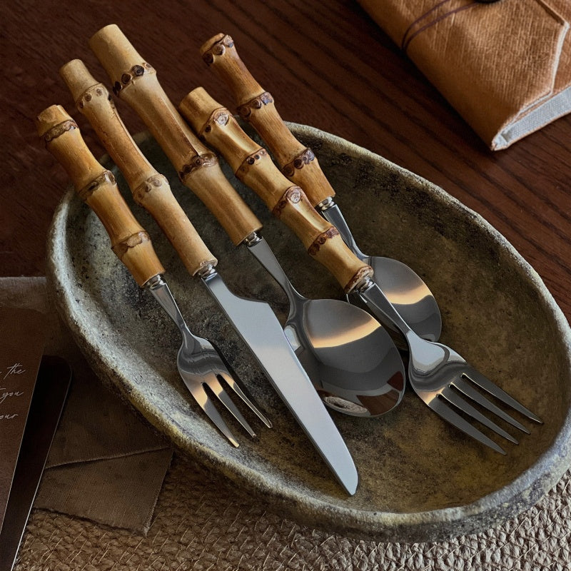 Natural Bamboo Stainless Steel Western Tableware Set