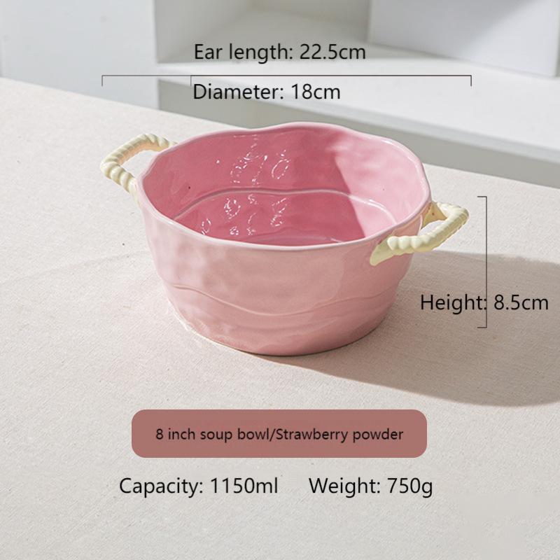 Household two-ear ceramic handle soup bowl baking bowl salad fruit bowl