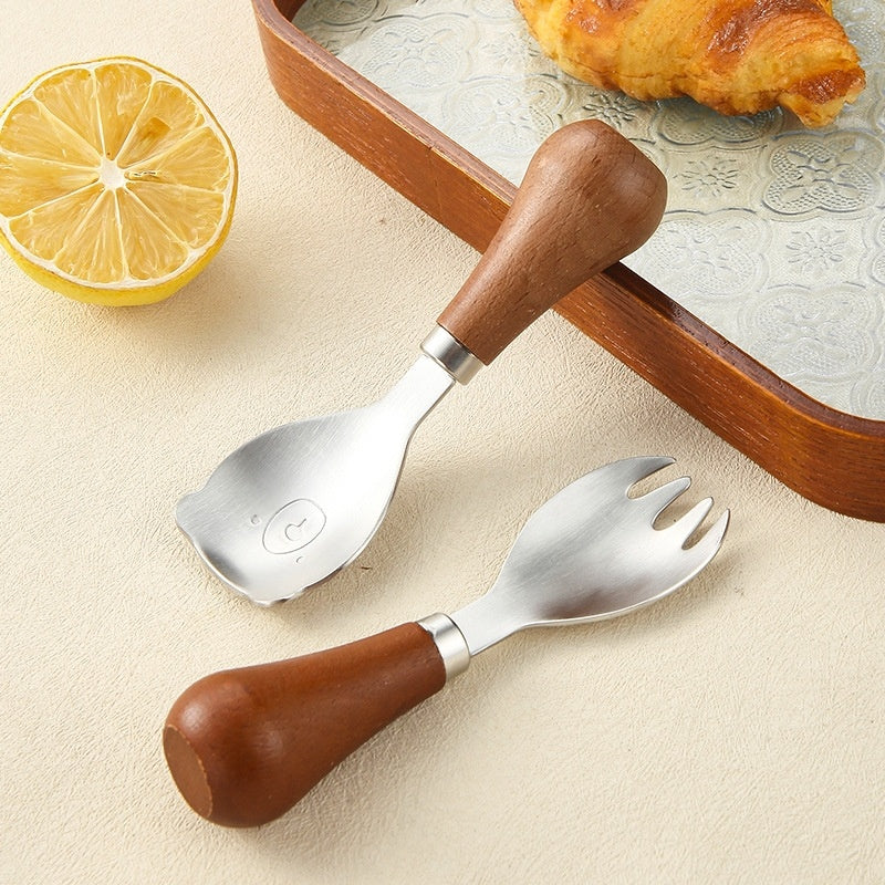 Cute Wooden Handle Stainless Steel Bear Tableware For Children