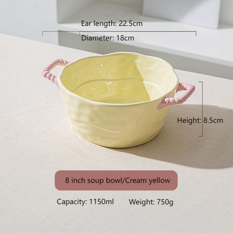 Household two-ear ceramic handle soup bowl baking bowl salad fruit bowl