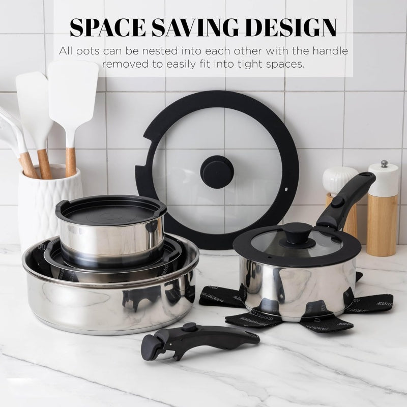 304 Stainless Steel Smooth Surface Detachable Handle Non-Stick Cookware Set