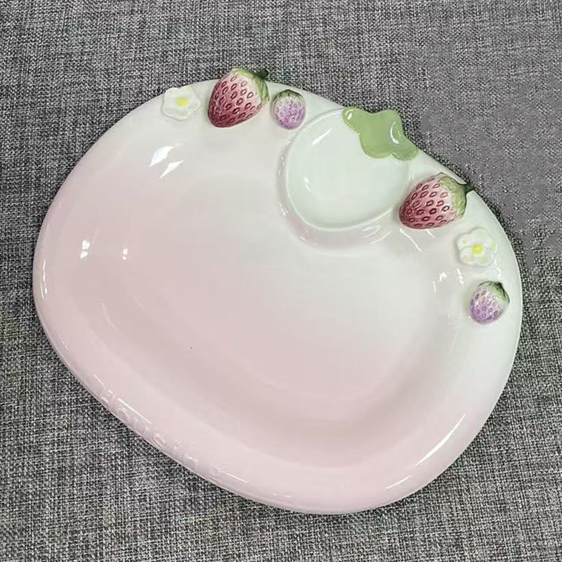 Strawberry relief hand-painted ceramic plate dessert tray jewelry tray