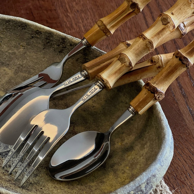 Natural Bamboo Stainless Steel Western Tableware Set