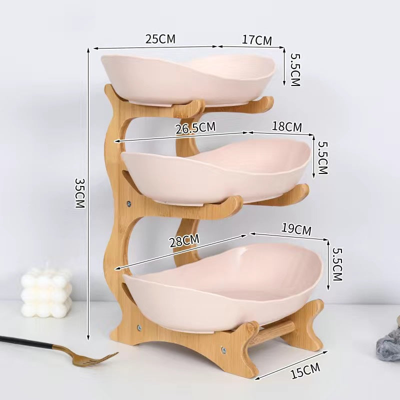 Creative multi-layer bamboo and wood frame ceramic fruit tray household snack candy tray