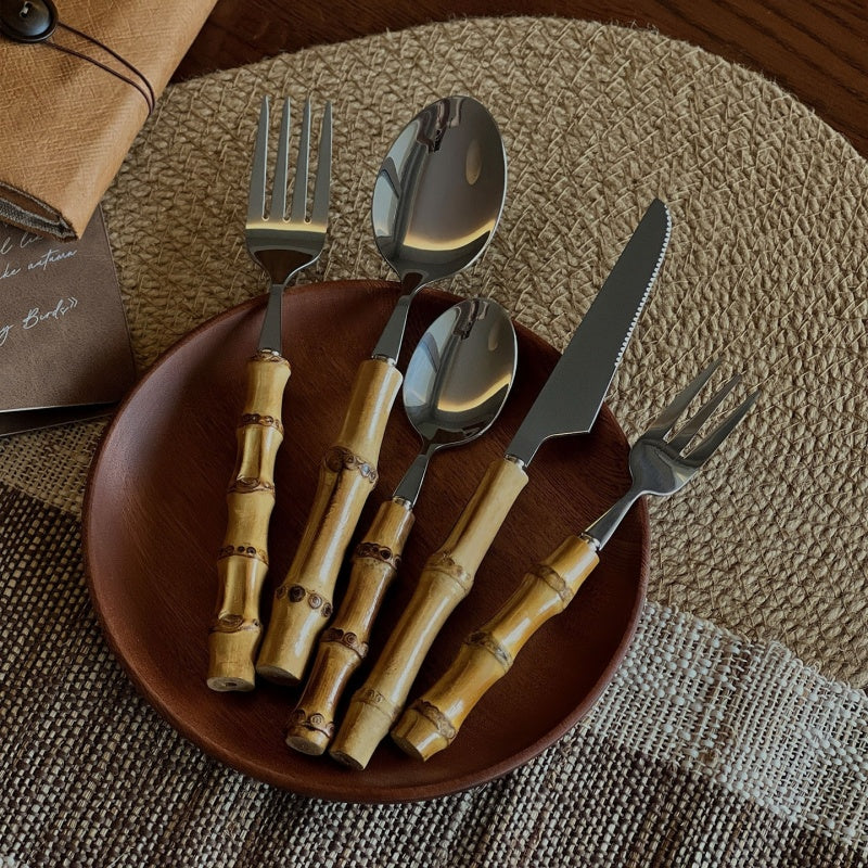 Natural Bamboo Stainless Steel Western Tableware Set