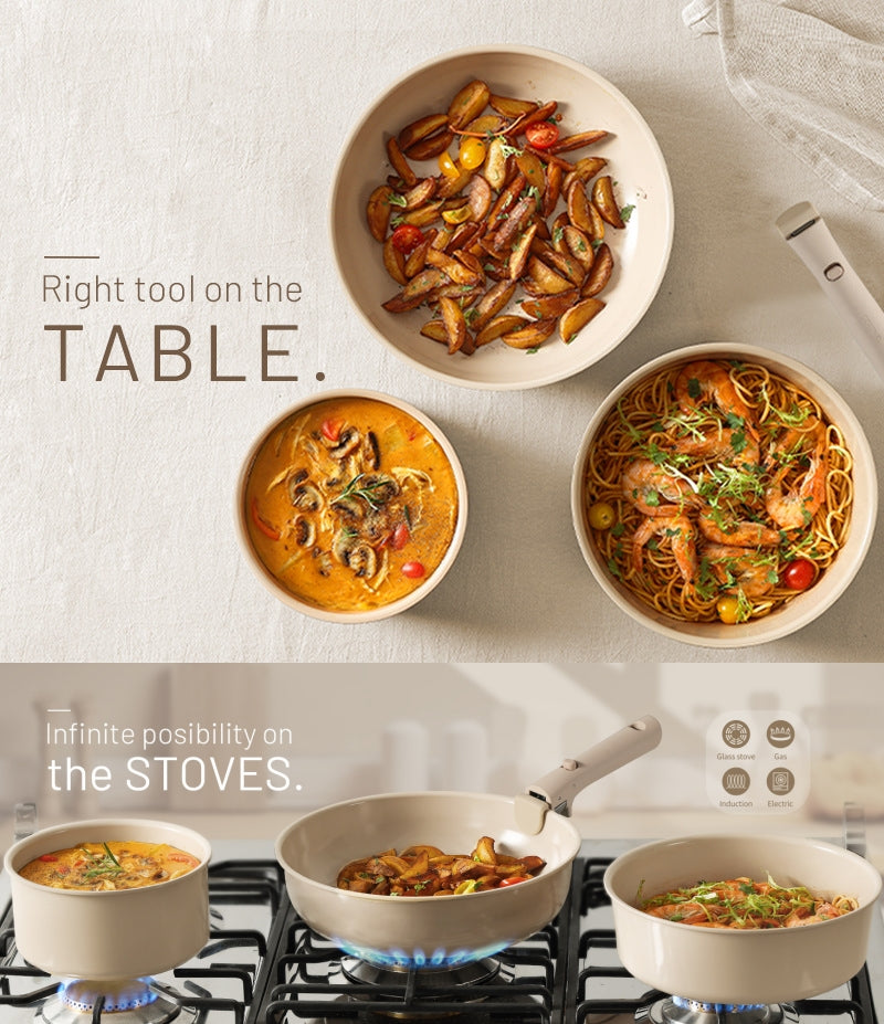 Beige Detachable Handle Universal Household Ceramic Non-Stick Pan Set