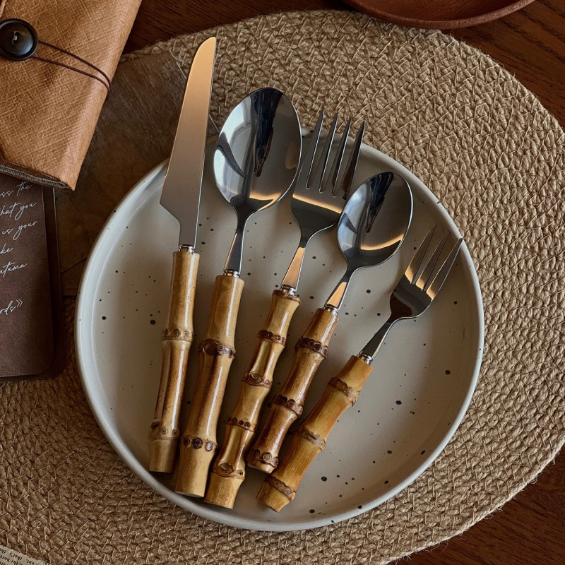 Natural Bamboo Stainless Steel Western Tableware Set