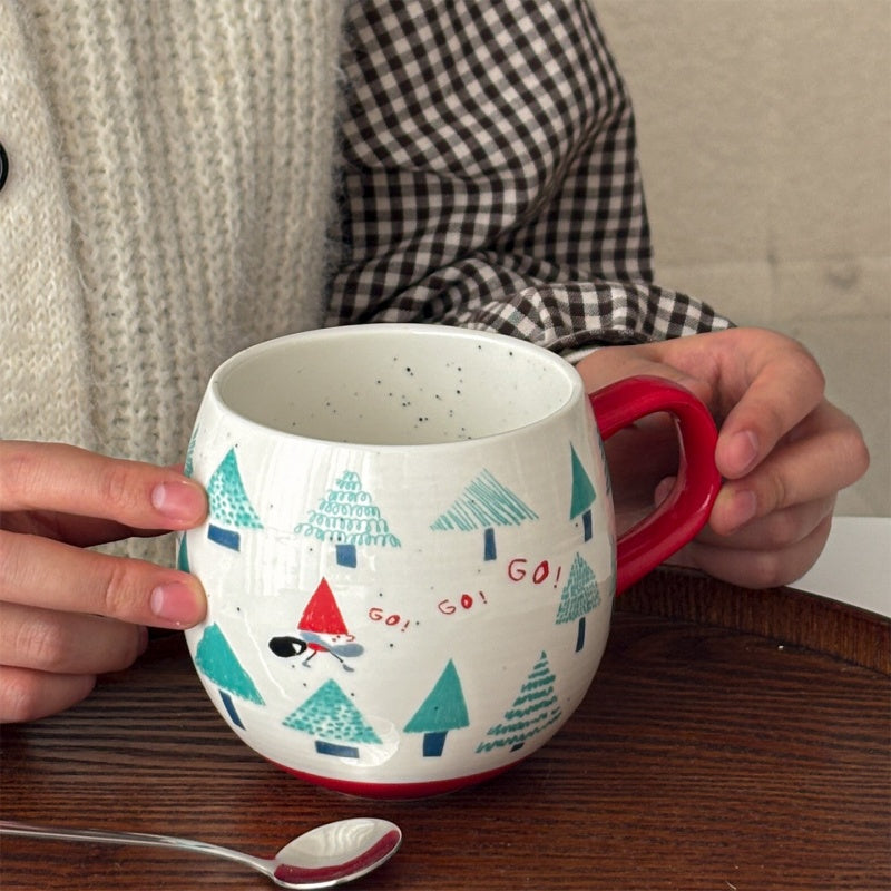 Hand-Painted Style Red Handle Christmas Ceramic Mug