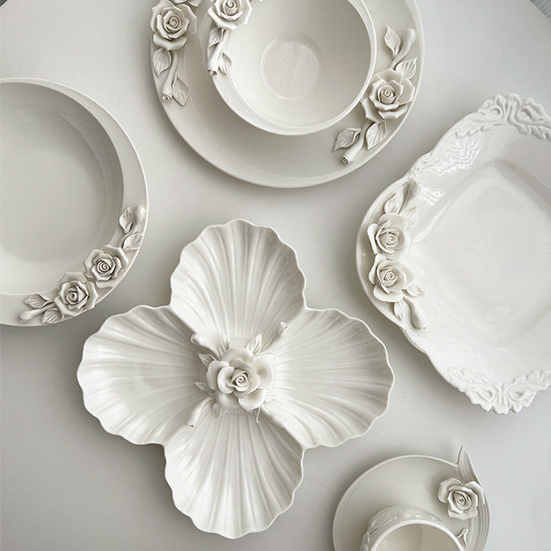 Embossed hand pinch flower bowl plate cup cutlery set home afternoon tea exquisite ceramic plate dessert plate