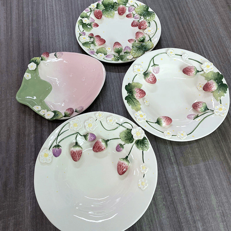 Strawberry relief hand-painted ceramic plate dessert tray jewelry tray