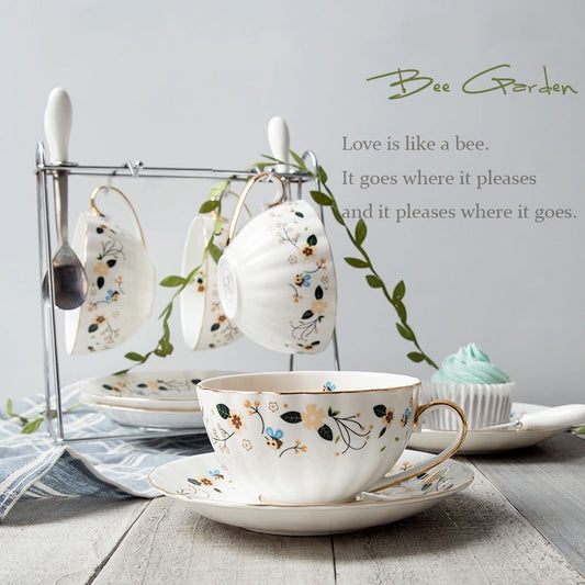 Country-Style Gold-Edge Ceramic Coffee Cup And Saucer Set