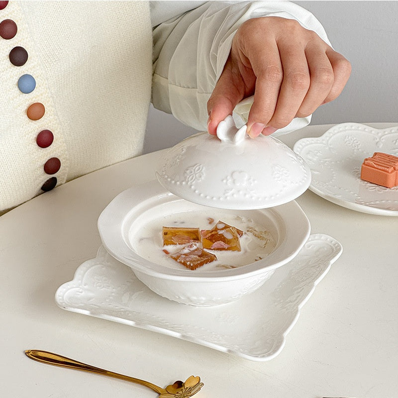 Relief Court Style Covered Bowl And Plate Set