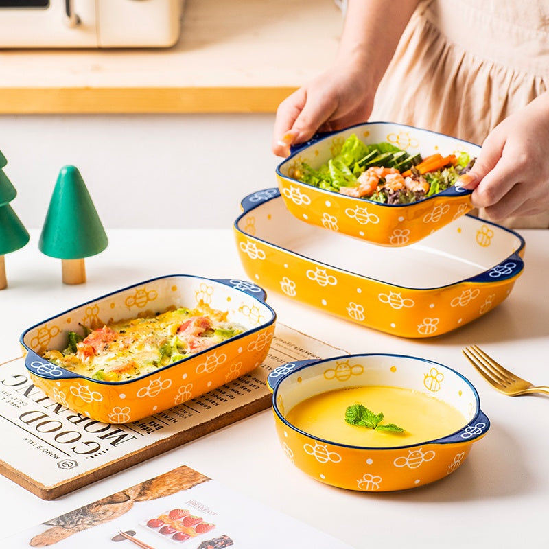 Ceramic Baking Plate, Cute Plate, Double-Ear Home Baking Plate