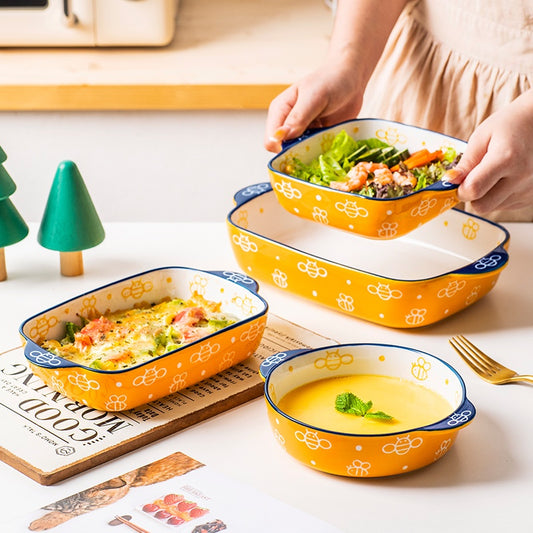 Ceramic Baking Plate, Cute Plate, Double-Ear Home Baking Plate