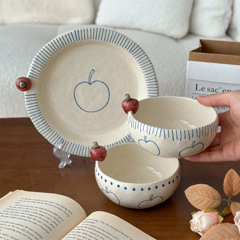 Hand-Painted Small Apple-Shaped Bowls And Plates - Rustic Pottery Tableware Set
