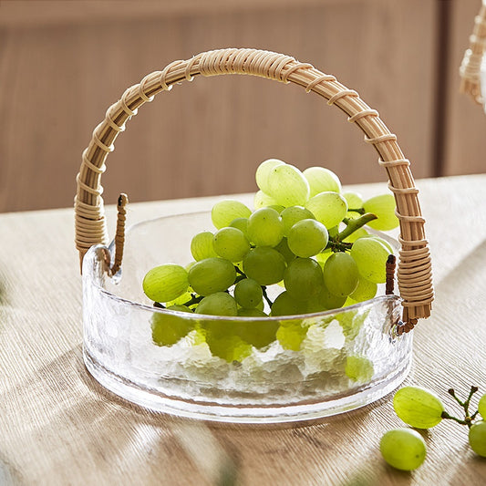 Creative Home Bamboo And Rattan Handle Glass Fruit And Pastry Plate