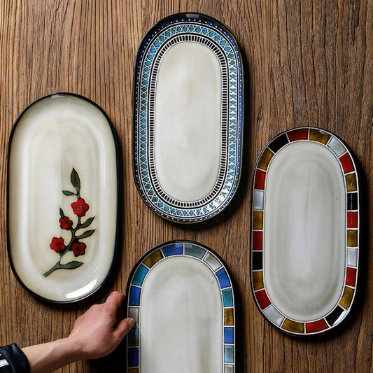 Vintage Oval Plate Underglaze Color Home Snack Plate