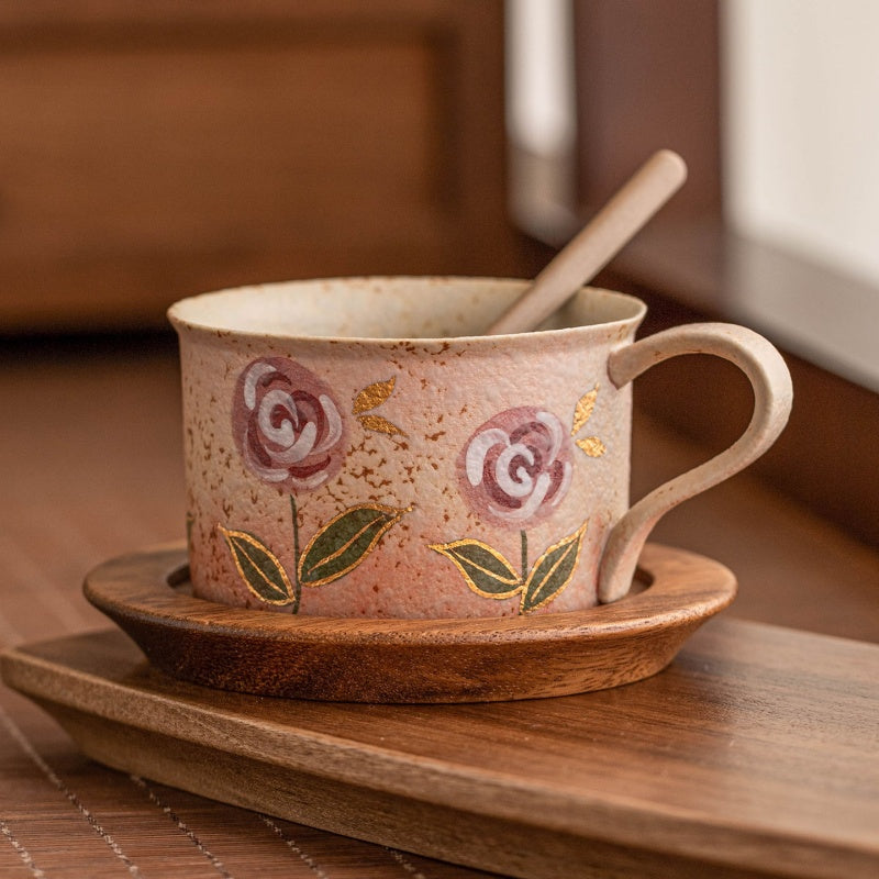 Blue And White Firestone Red Hand-Painted Gold Rose Ceramic Cup