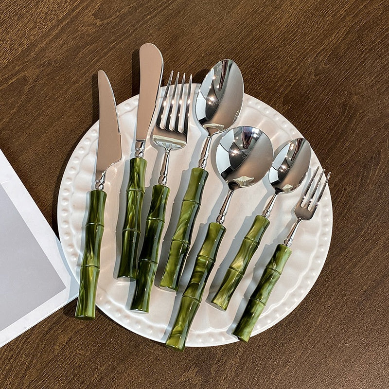 Stainless Steel Vintage Pearlescent Bamboo-Joint Handle Western Tableware Set