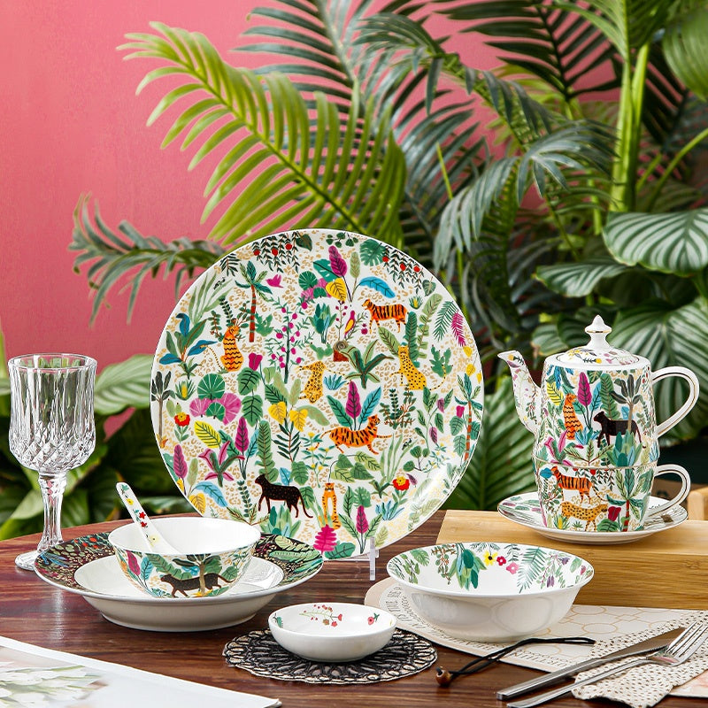 Dream Jungle Series Bone China Home Dining Plates, Bowls, Dishes And Tableware Light Luxury Set