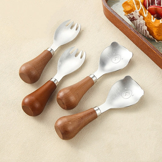 Cute Wooden Handle Stainless Steel Bear Tableware For Children