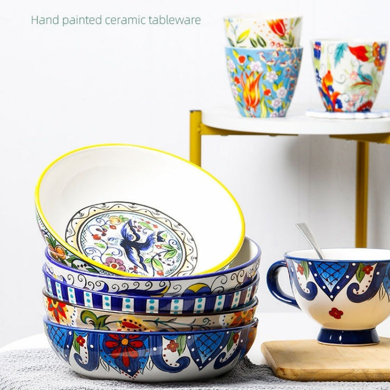 Creative Ceramic Soup Plates, Hand-Painted 8-Inch Deep Plates, Western Tableware, Round Household Vegetable Plates, Salad Bowls And Plates
