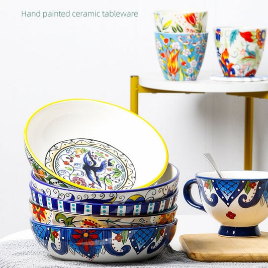 Creative Ceramic Soup Plates, Hand-Painted 8-Inch Deep Plates, Western Tableware, Round Household Vegetable Plates, Salad Bowls And Plates
