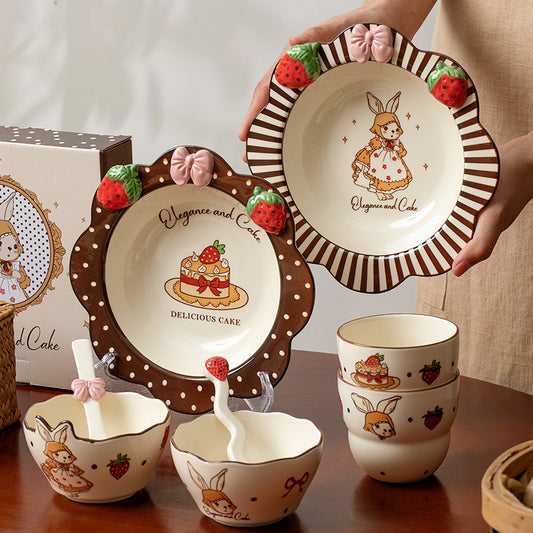 High appearance level Rabbit ceramic dish set underglaze color cutlery set