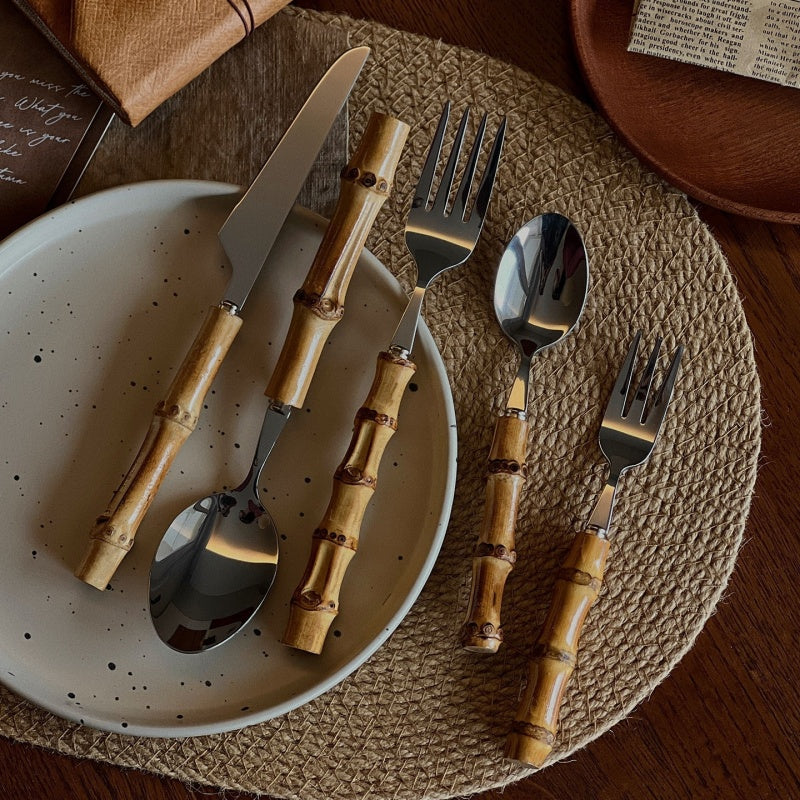 Natural Bamboo Stainless Steel Western Tableware Set