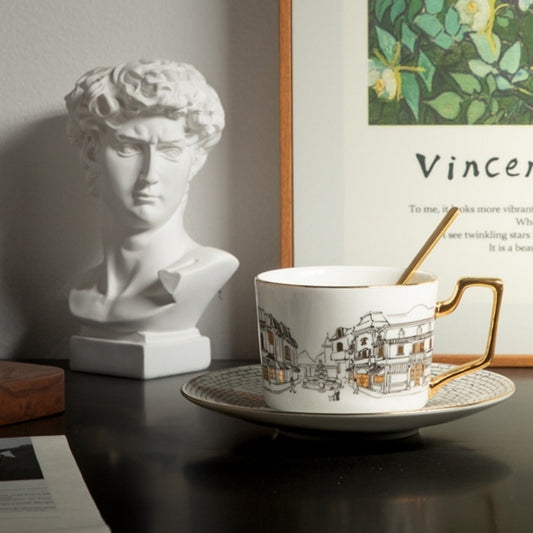 Retro Gold Border European Town Ceramic Coffee Cup And Saucer Set