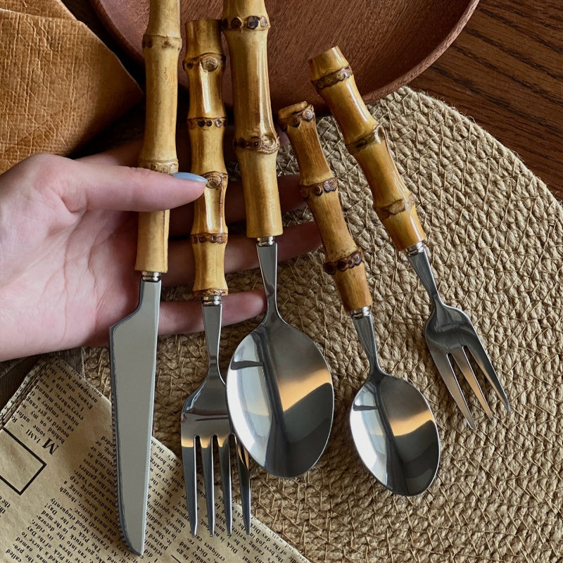 Natural Bamboo Stainless Steel Western Tableware Set