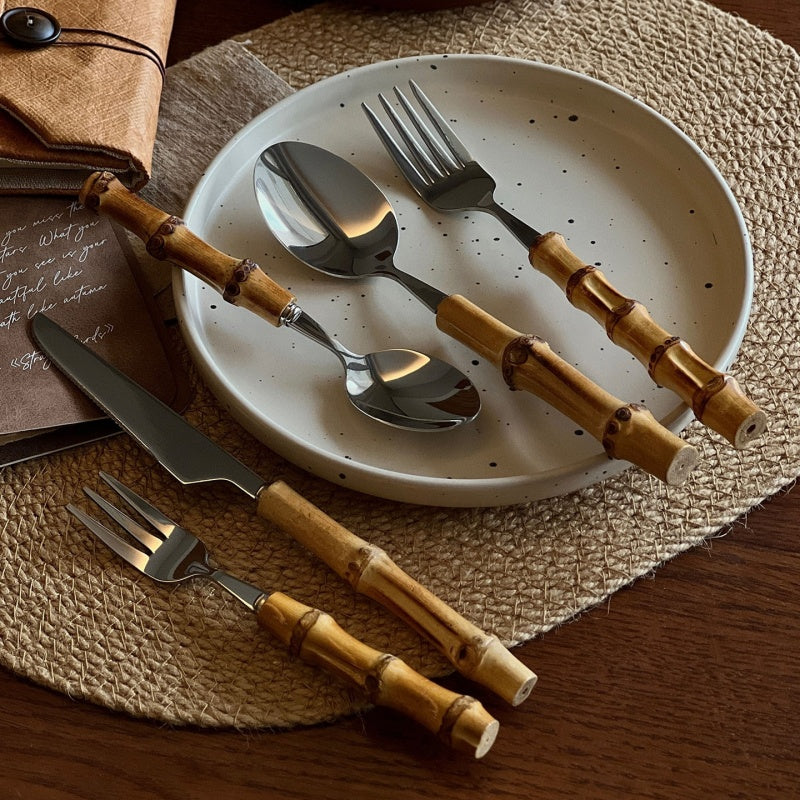 Natural Bamboo Stainless Steel Western Tableware Set