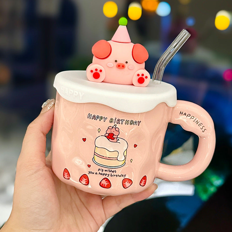 Cute cartoon rabbit hand pinch mug with lid high appearance level household straw ceramic cup with hand gift