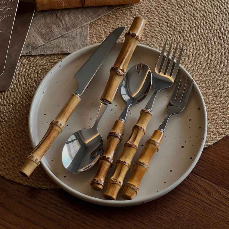 Natural Bamboo Stainless Steel Western Tableware Set