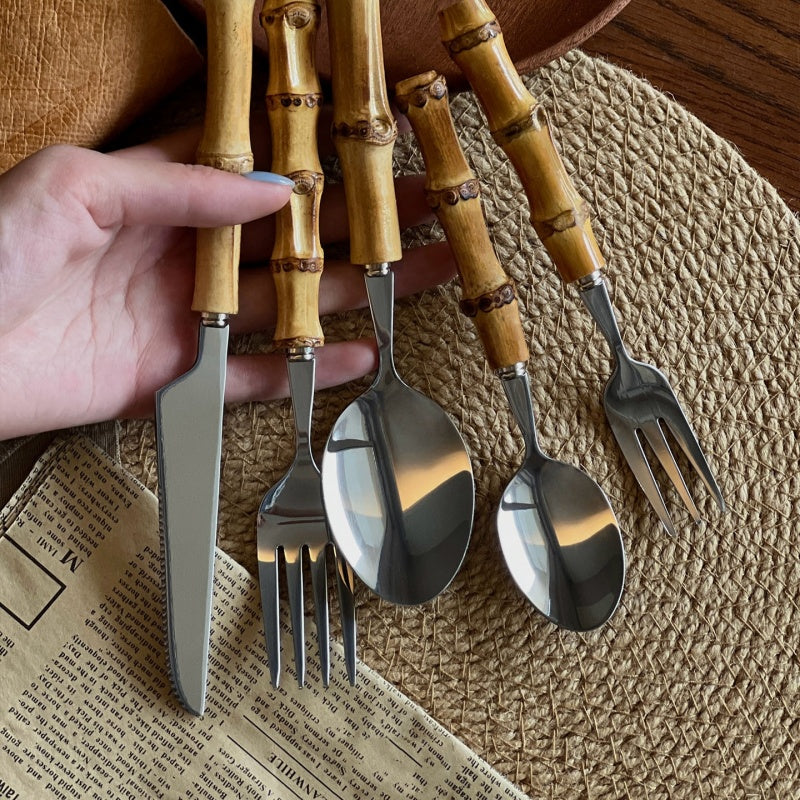 Natural Bamboo Stainless Steel Western Tableware Set