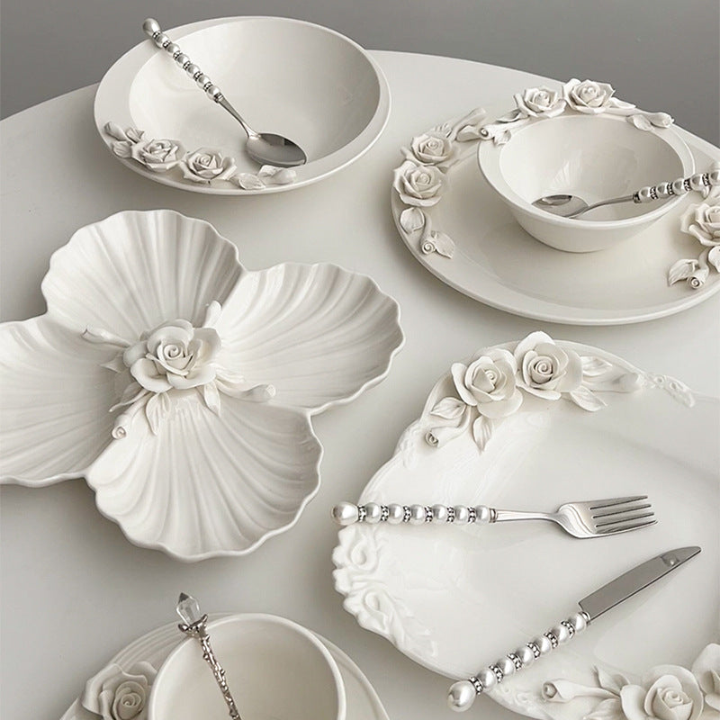 Embossed hand pinch flower bowl plate cup cutlery set home afternoon tea exquisite ceramic plate dessert plate