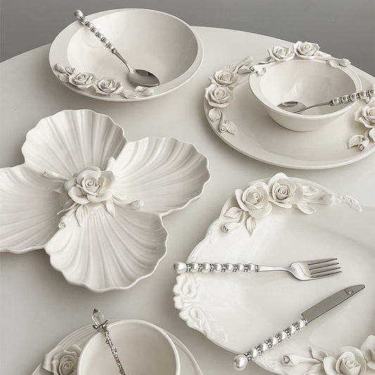 Embossed hand pinch flower bowl plate cup cutlery set home afternoon tea exquisite ceramic plate dessert plate