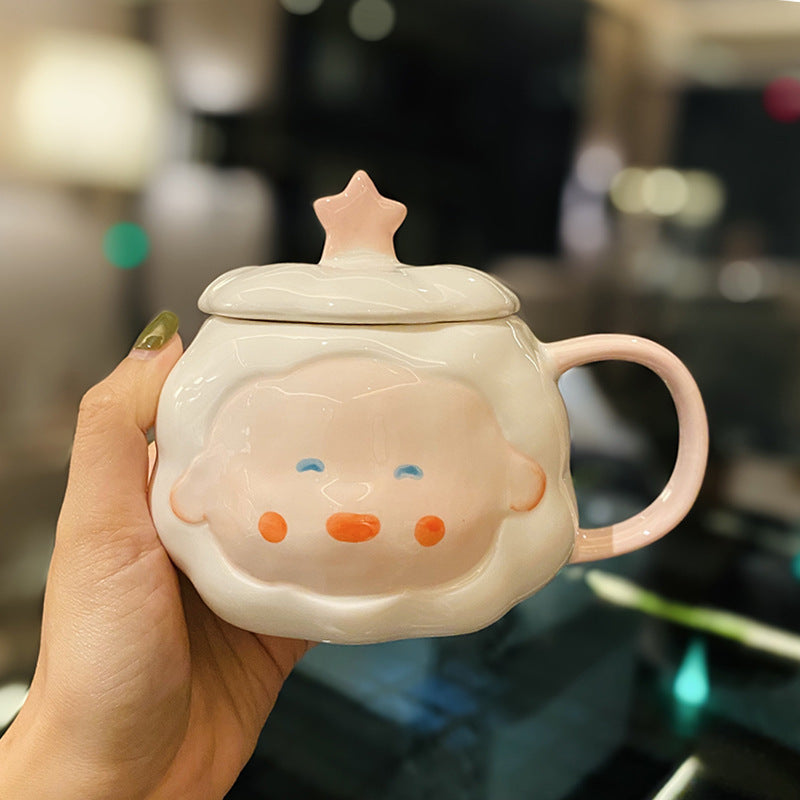 Ceramic mug with lid spoon cute cartoon home milk breakfast mug